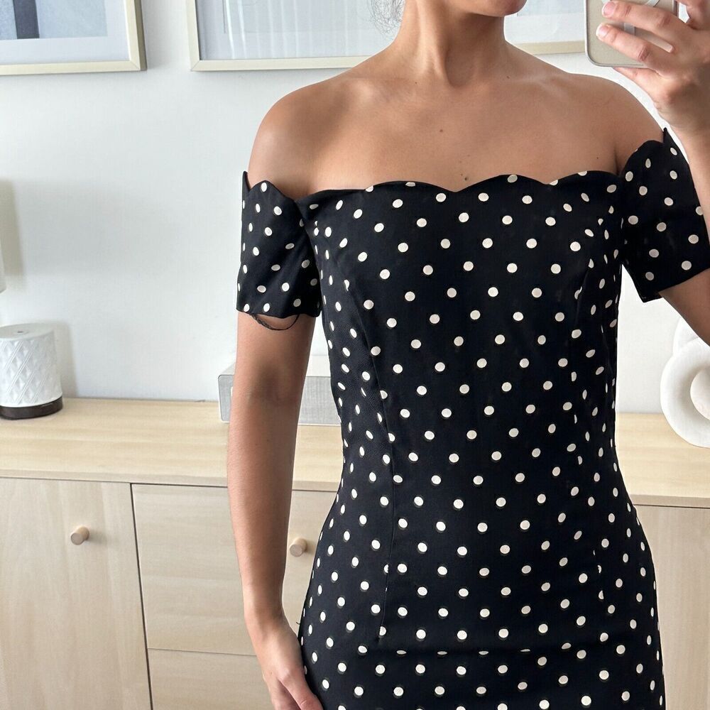 Vintage Polka Dot Dress Womens Small 90s Mini Bodycon Retro Pinup Off Shoulder - Picture 5 of 13
